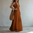 thumbnail image 5 of Halter Neck V-Neck Sleeveless Maxi Dress Solid Color Flowy Dress Casual Summer Party Evening Gown for Women Brown S(S), 5 of 8