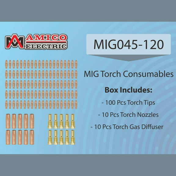 MIG045-120, MIG Welder Parts, 100-pcs .045” Tips, 10-pcs Gas Nozzles, 10-pcs Gas Diffusers for MTS-165/185/205, MIG-160/180/200, MIG-140GS
