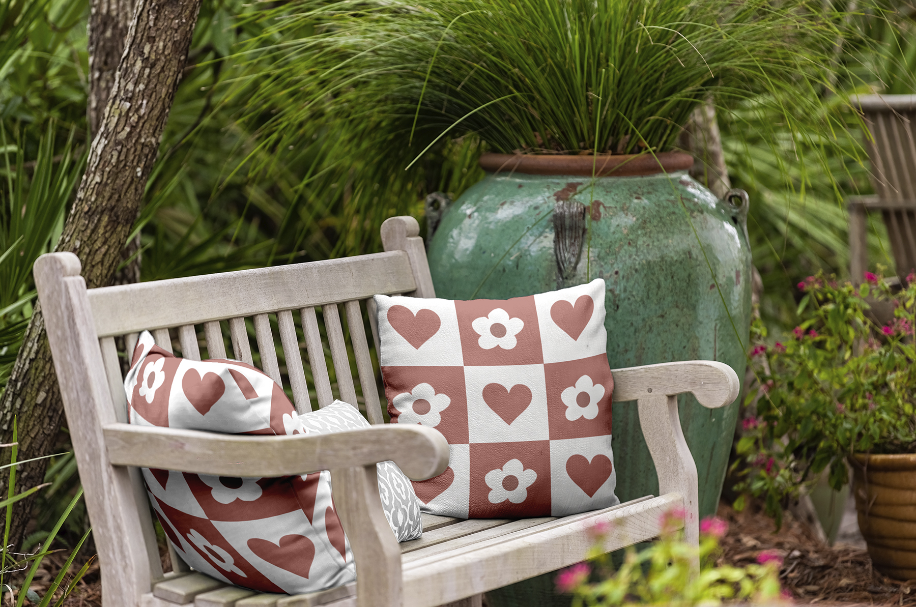 20" x 20" Simply Daisy Heart And Flowers Grid Polyester Indoor/Outdoor Pillow, Rusty Mauve Qty 1