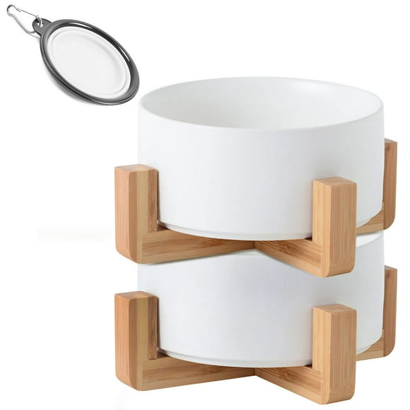 Petygooing Juego De Cuencos De Cerámica Para Perros Y Gatos Con Soporte, Plato De Agua Y Comida Para Perros, Cuencos Medianos Para Mascotas, Juego Antideslizante De 2 Cuencos Para Gatos, Cuenco Blanco