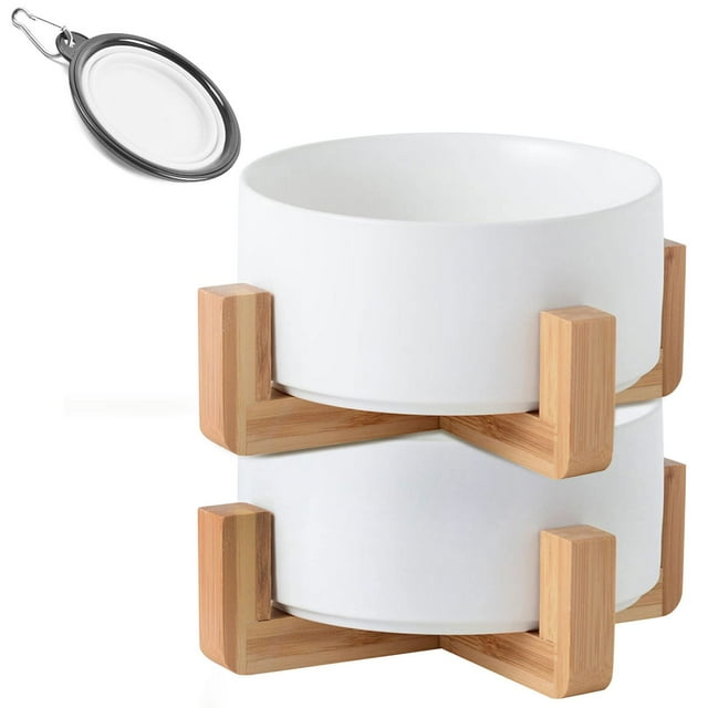 Petygooing Juego De Cuencos De Cerámica Para Perros Y Gatos Con Soporte, Plato De Agua Y Comida Para Perros, Cuencos Medianos Para Mascotas, Juego Antideslizante De 2 Cuencos Para Gatos, Cuenco Blanco