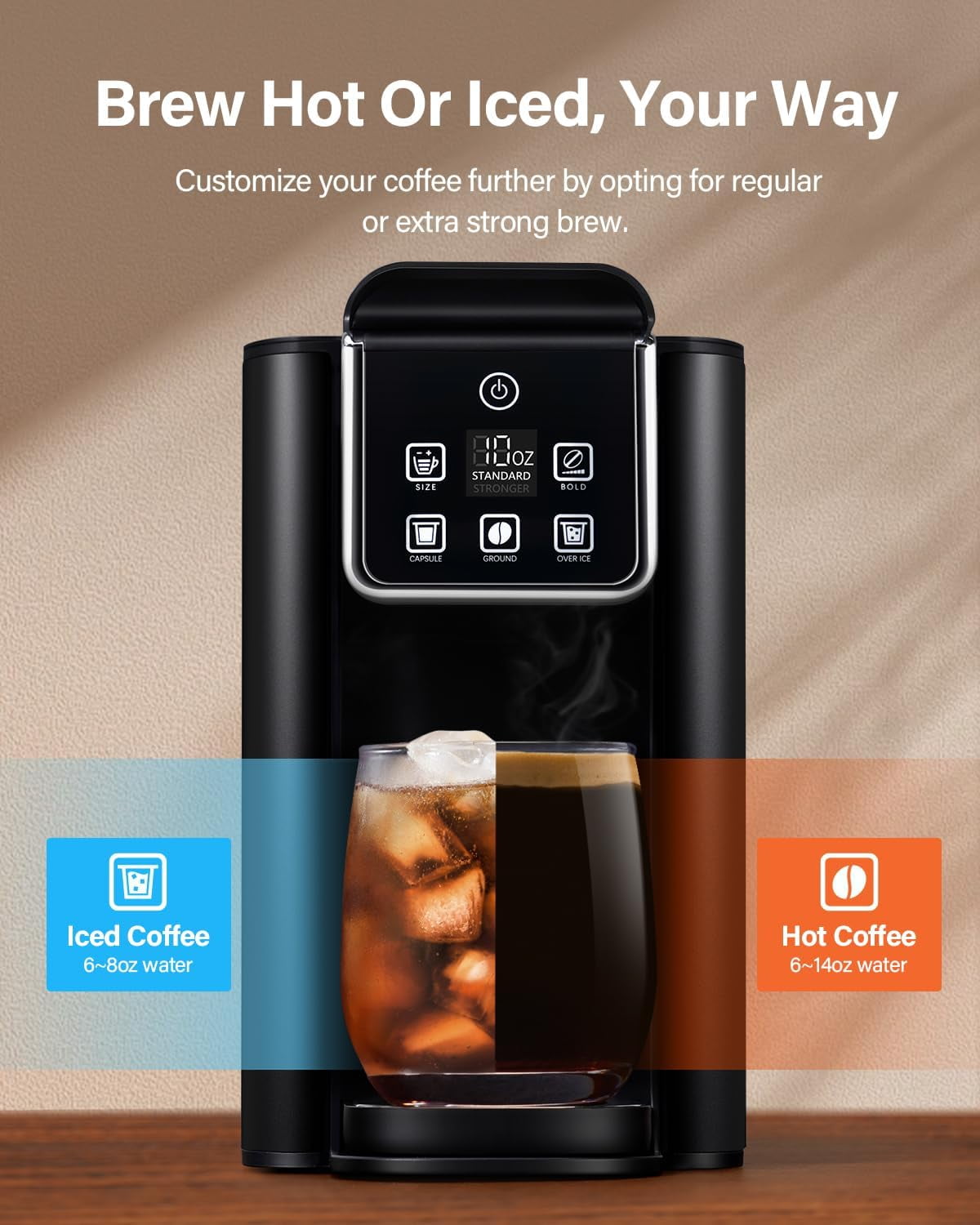 Single Serve Coffee Maker, Hot and Iced Coffee Machine for K Cup Pods & Ground Coffee, 6 to 14 oz Brew Sizes, with 50 oz Large Water Tank, Removable Drip Tray, Stainless Steel, Red