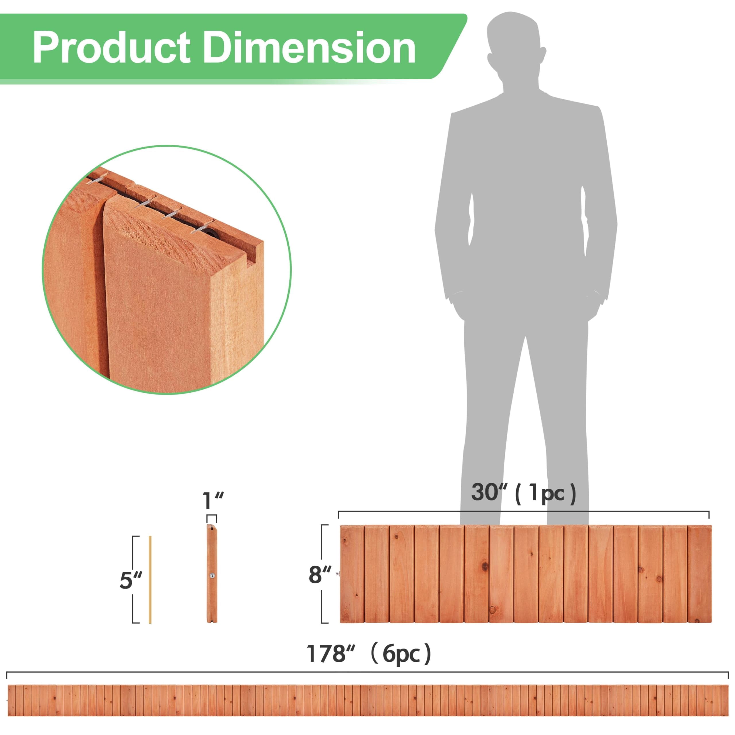 Garden edging border, landscape fence easy to install, durable planter fencing for yard flower bed lawns pathway tree circle, natural wood color, brown