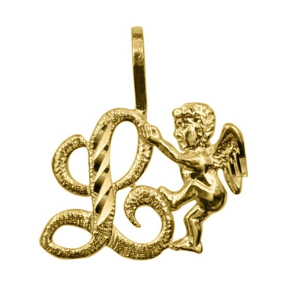 Precious Stars 14K Yellow Gold Cherub and Cursive Initial Letter 'L' Pendant - No Chain, Pendant Only