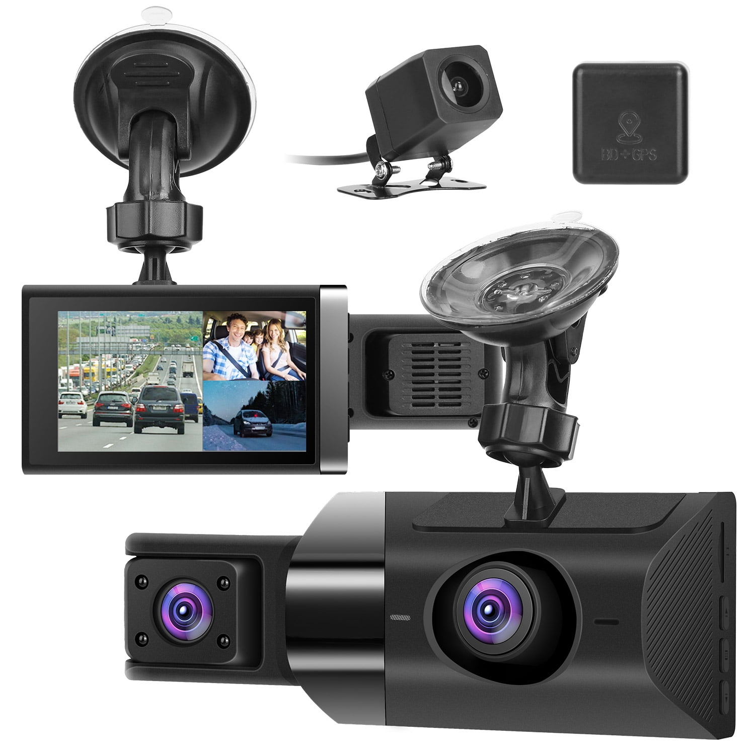 Dash Cam Front and Rear Inside with 3 Channel, 1080P Dash Camera for Cars, with 140° Vew IR Night Vision, Loop Recording, G-Sensor, Parking Monitor