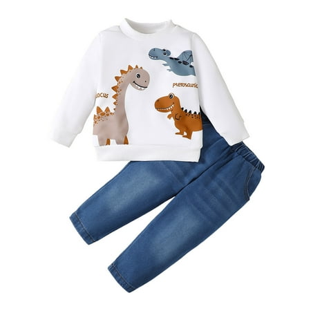 6 Months Baby Boys Clothes 9 Months Boys 2PCS Fall Winter Outfits Set Dinosaur Print Round Neck Infant Boys Long Sleeve Top Denim Pants Set White