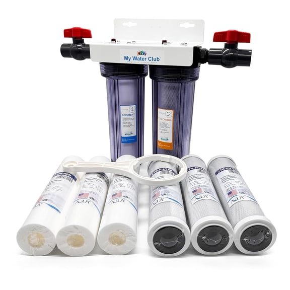Dual 3/4" port whole house water purification filter with 1 Year filter supply, 2 valves