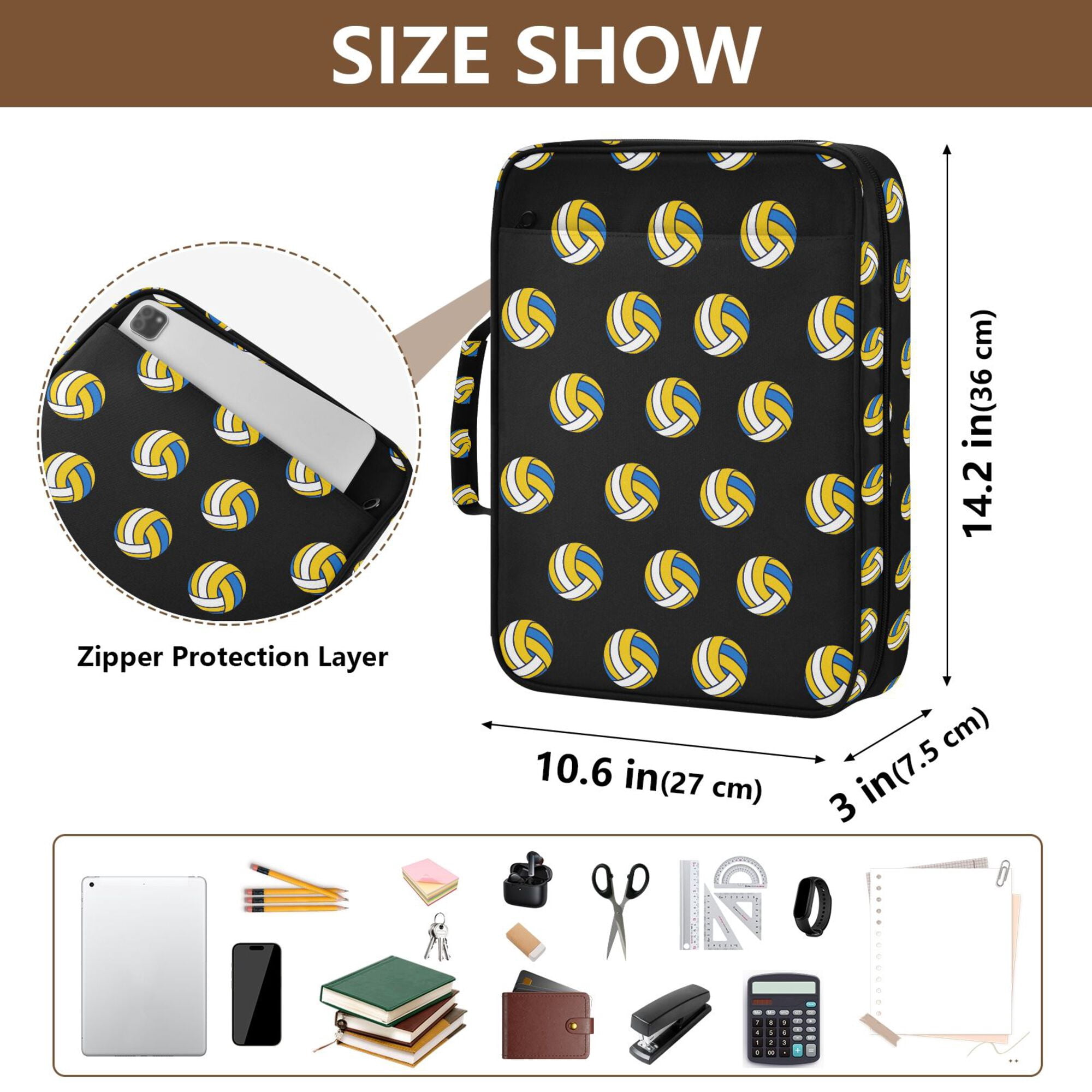 FORMRS Accordion File Folder A4 Size 7-Pocket Expanding Document Organizer Bag with 3 Ring Binder, Black Volleyball Pattern