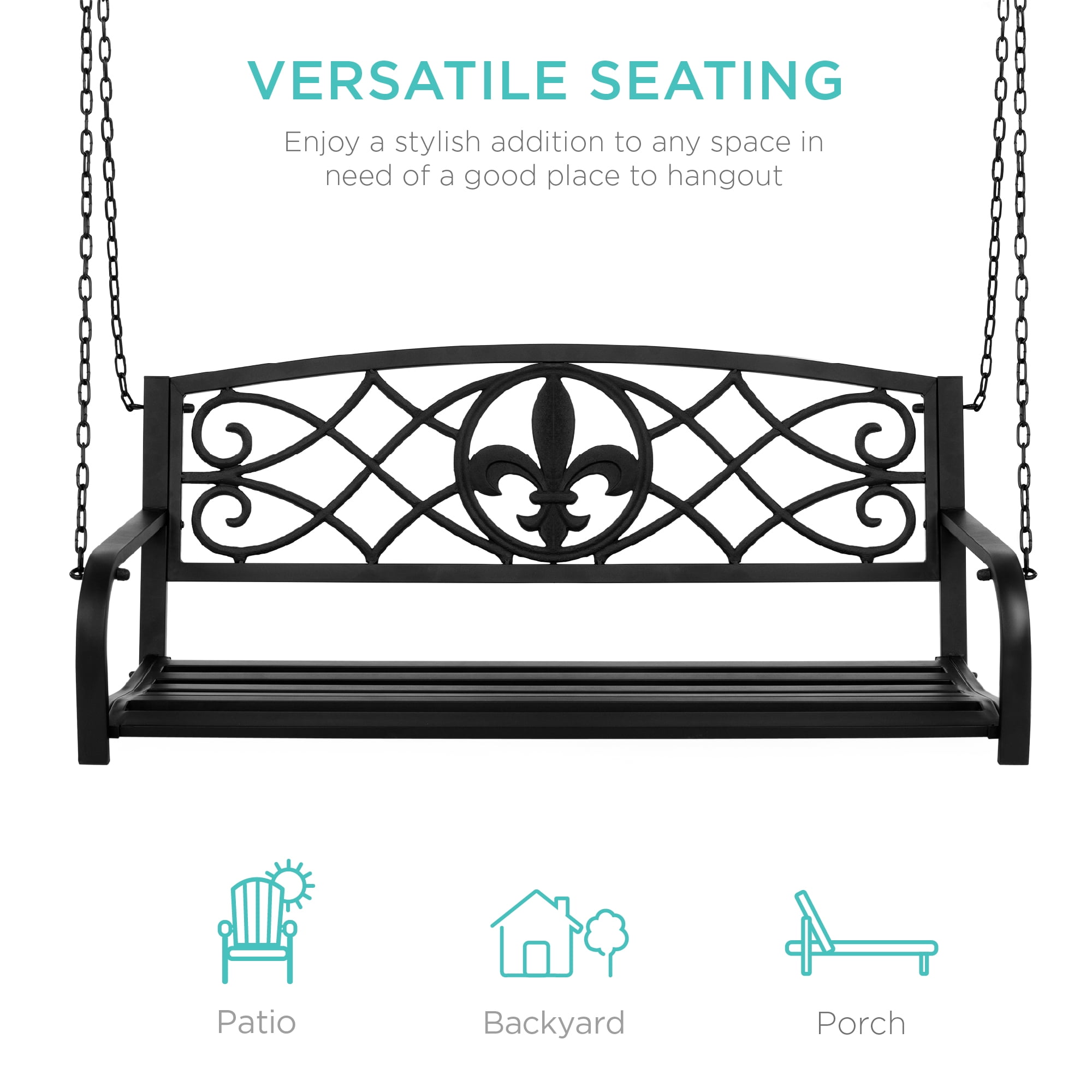Outdoor Hanging Hammock Swing Bench Metal Fleur-De-Lis Patio Porch Furniture