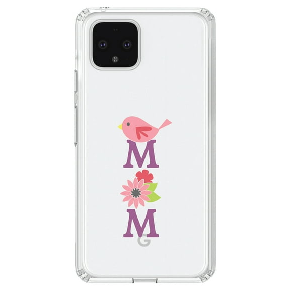 DistinctInk Clear Shockproof Hybrid Case for Google Pixel 4 (6.1" Screen) - TPU Bumper Acrylic Back Tempered Glass Screen Protector - Mom - Pink Bird & Flowers
