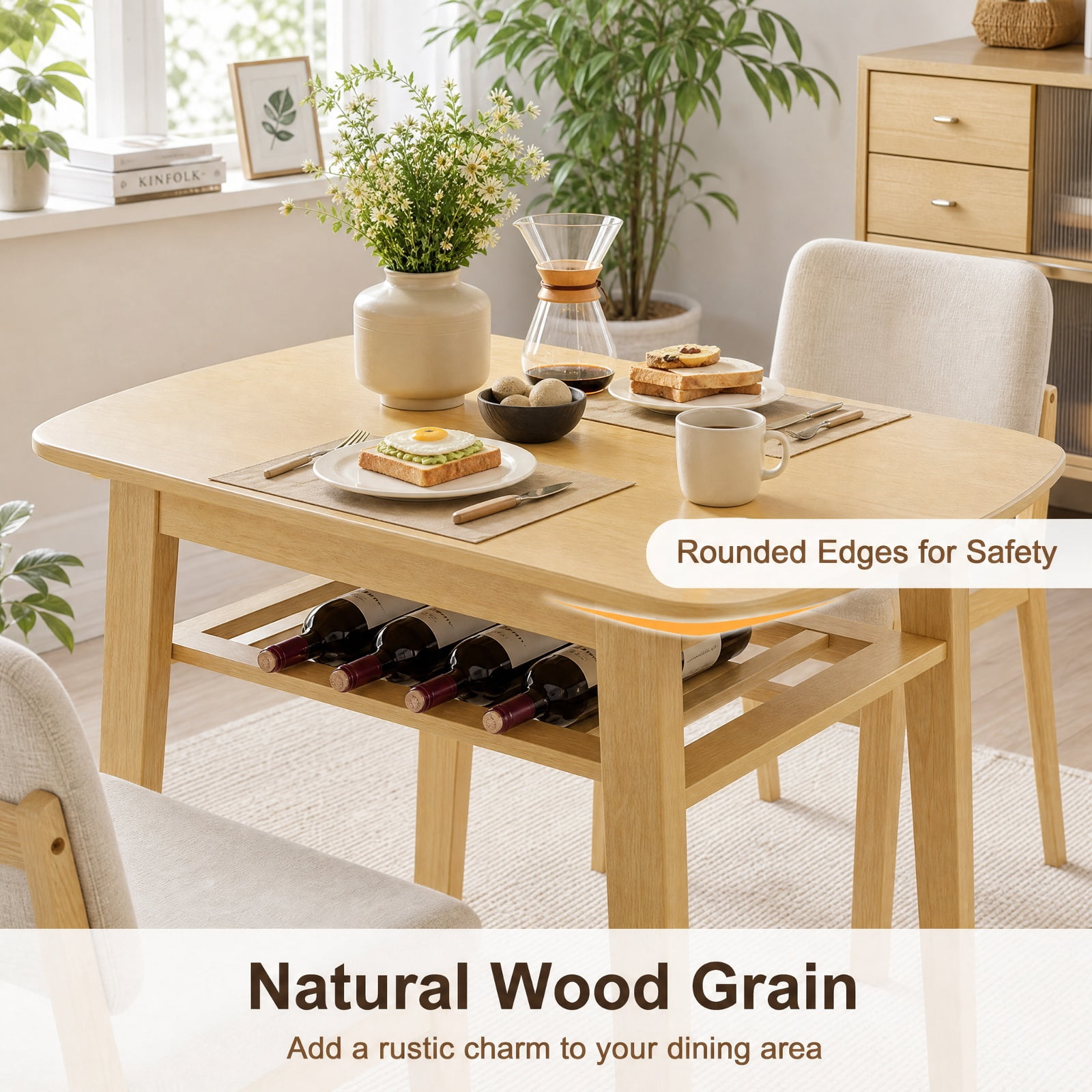 Furnibear 3 Piece Small Dining Table Set for 2 with Upholstered Chairs and Built in Storage Rack for Kitchen Breakfast Nook and Apartment, Natural