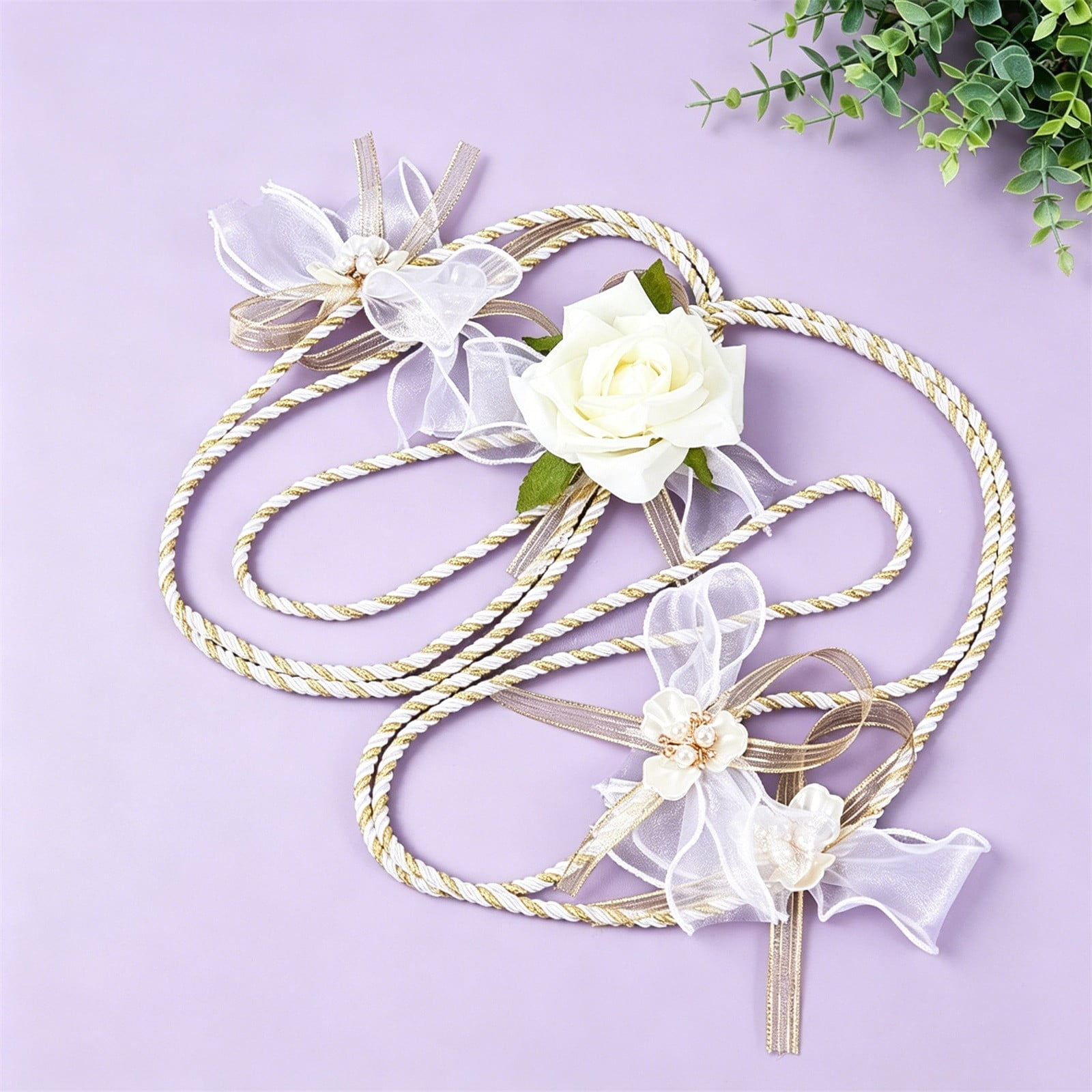 White Rose Wedding Chair Back Rope Decor, European Decorative Bow Tie Design Display, Ceremony Aisle Accent Piece, Bridal Shower Ornament, 160cm Length Size