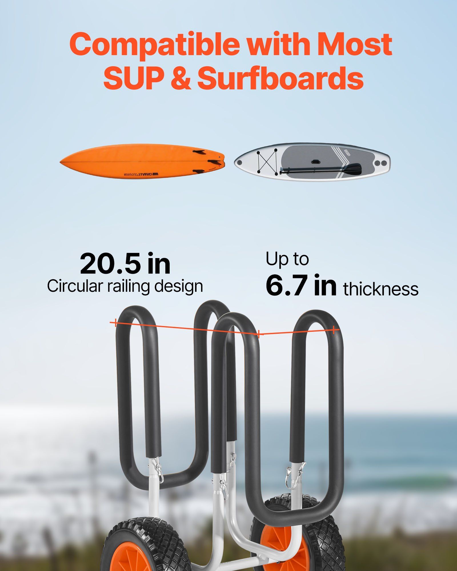 Kayak Cart 150 lb Capacity, 10" Solid Tires , Ratchet Strap for SUP & Surfboard Transport