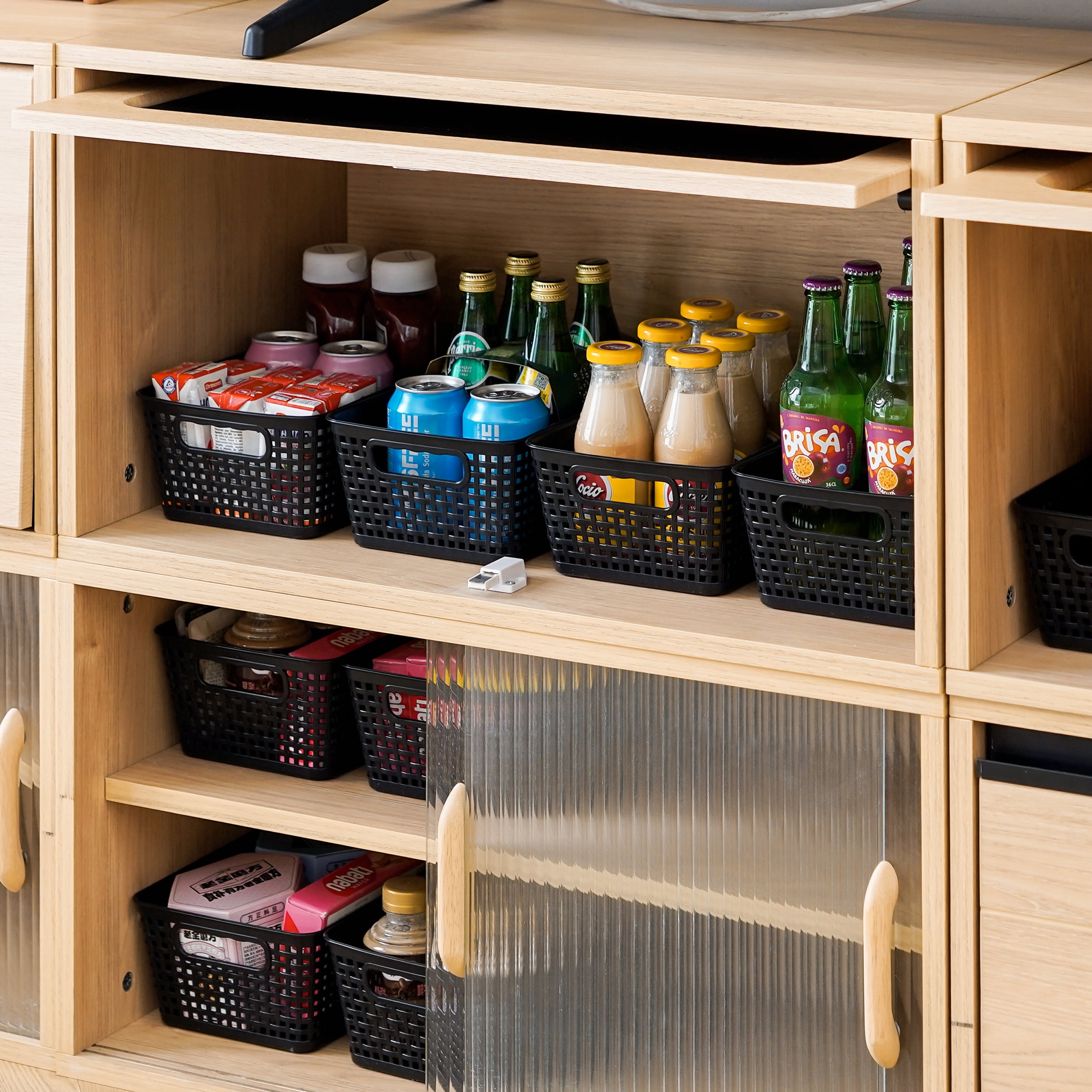 Small Plastic Storage Basket with Lid Handle 7x10.9x4 in Black 8 Pack