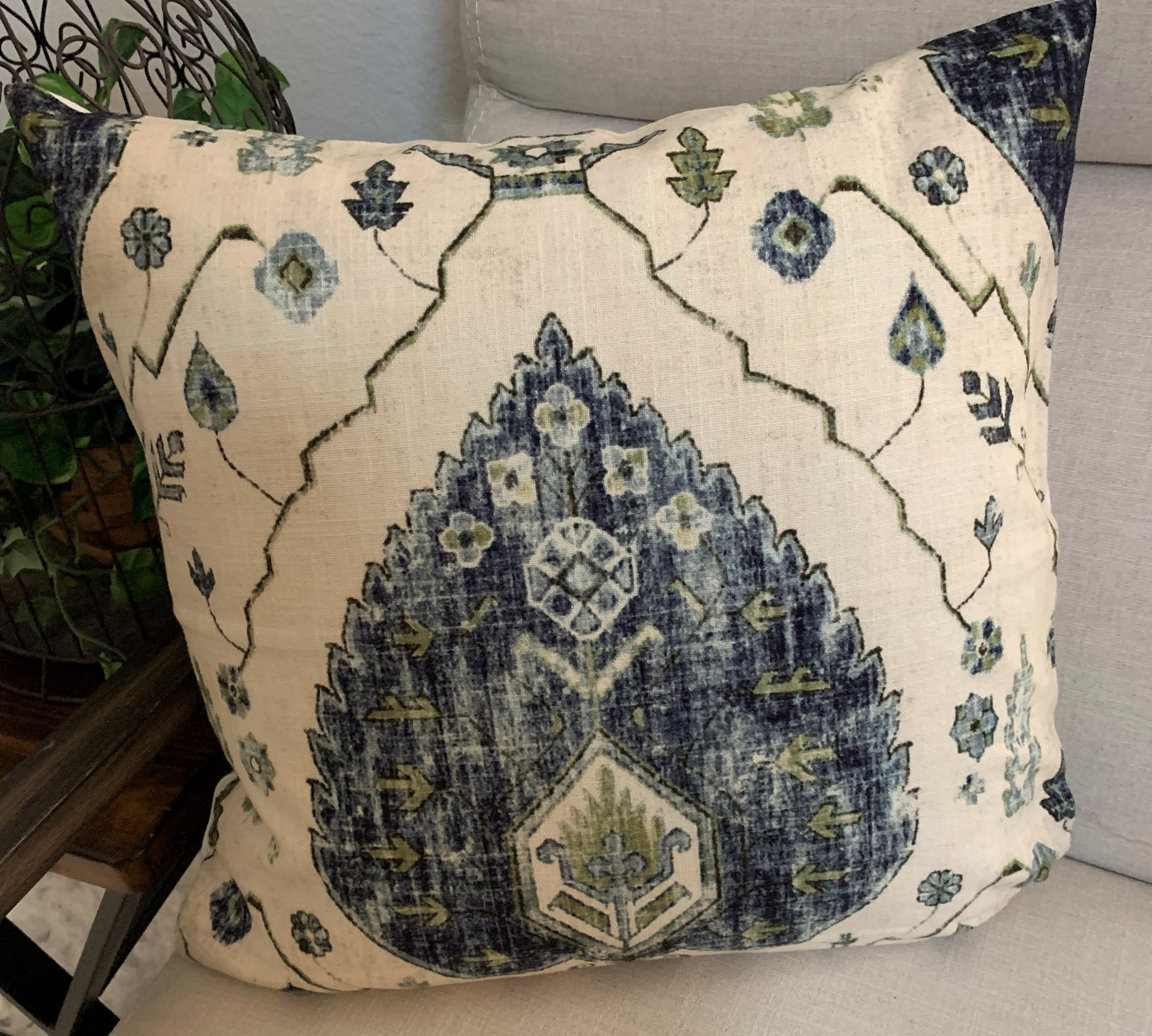 Mina Green and Cream Cotton Block Print Throw Pillow
