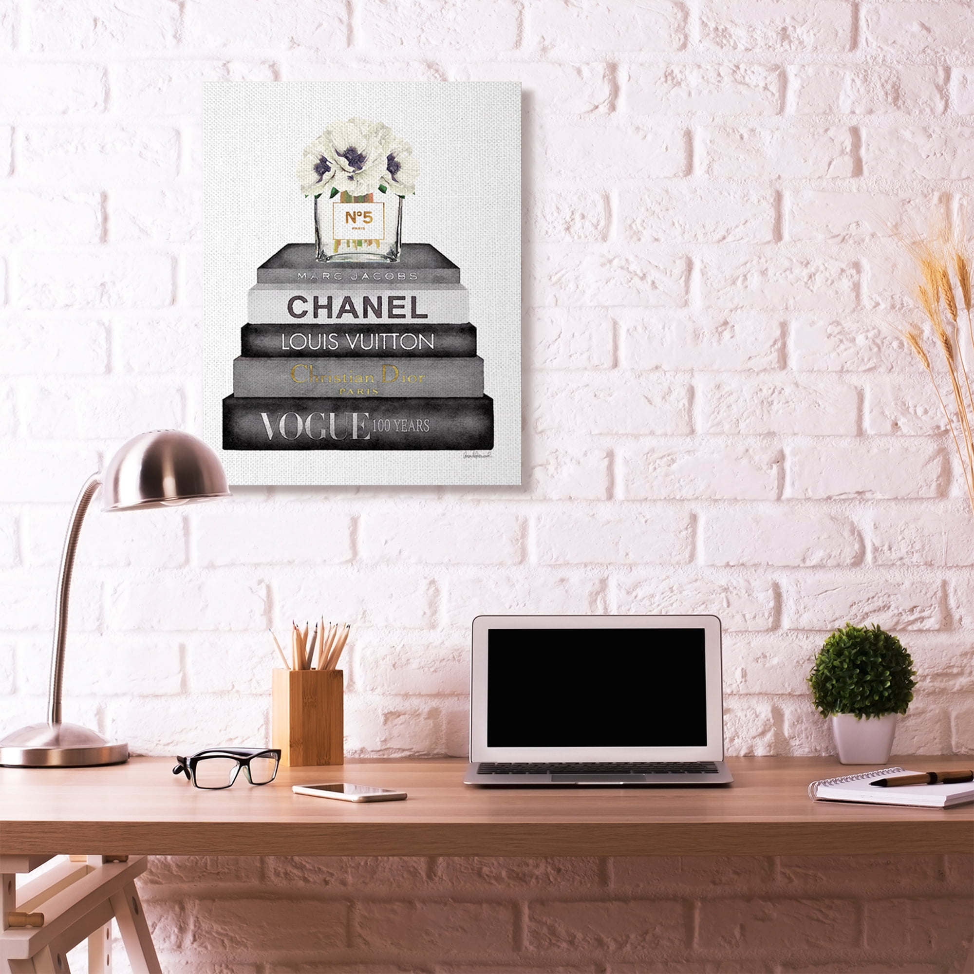 Stupell Industries Fashion Designer Flower Bookstack Black And White Watercolor Canvas Wall Art by Amanda Greenwood