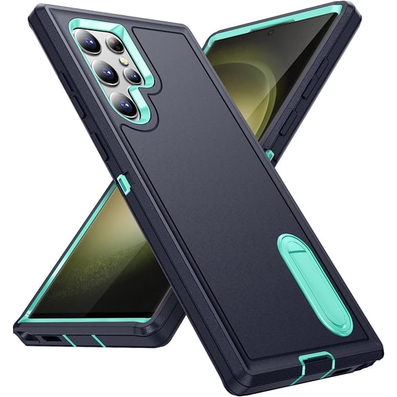 for Samsung Galaxy S23 Ultra Case, Samsung S23 Ultra Phone Case with Built in Kickstand, Shockproof/DropProof Military Grade Protective Cover for Galaxy S23 Ultra 5G (Dark Blue/Aqua Blue)