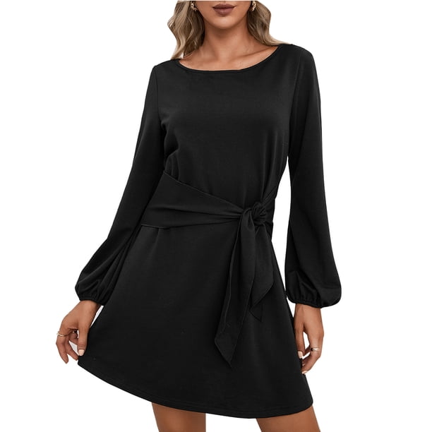 Vestido de mujer con cuello en O, manga larga, nudo, frente, una línea, vestido de camiseta, vestido Abanopi Negro/Grande
