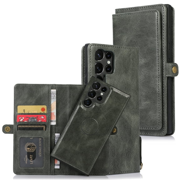 ELEHOLD Luxury Multi-Functional Wallet Case for Samsung Galaxy S23 Ultra with Card Slots Dual-Use Detachable Phone Case Magnetic Function Lanyard Shockproof Wallet Case,Darkgreen
