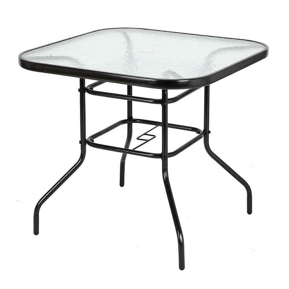 80 72cm 120 Outdoor Rectangle Dining Table Tempered Glass Top with Parasol Hole for Garden Patio Balcony Backyard Black