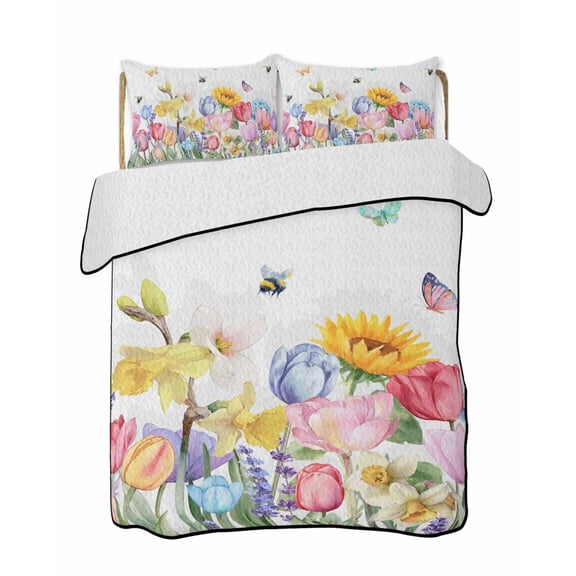 Quilts Full Size Bedding Set, Watercolor Floral Lightweight Quilted Comforter, Spring Tulip Sunflowers Butterfly Soft Reversible Bedspread Coverlet with Pillow Covers for All Season, 78" x 90"