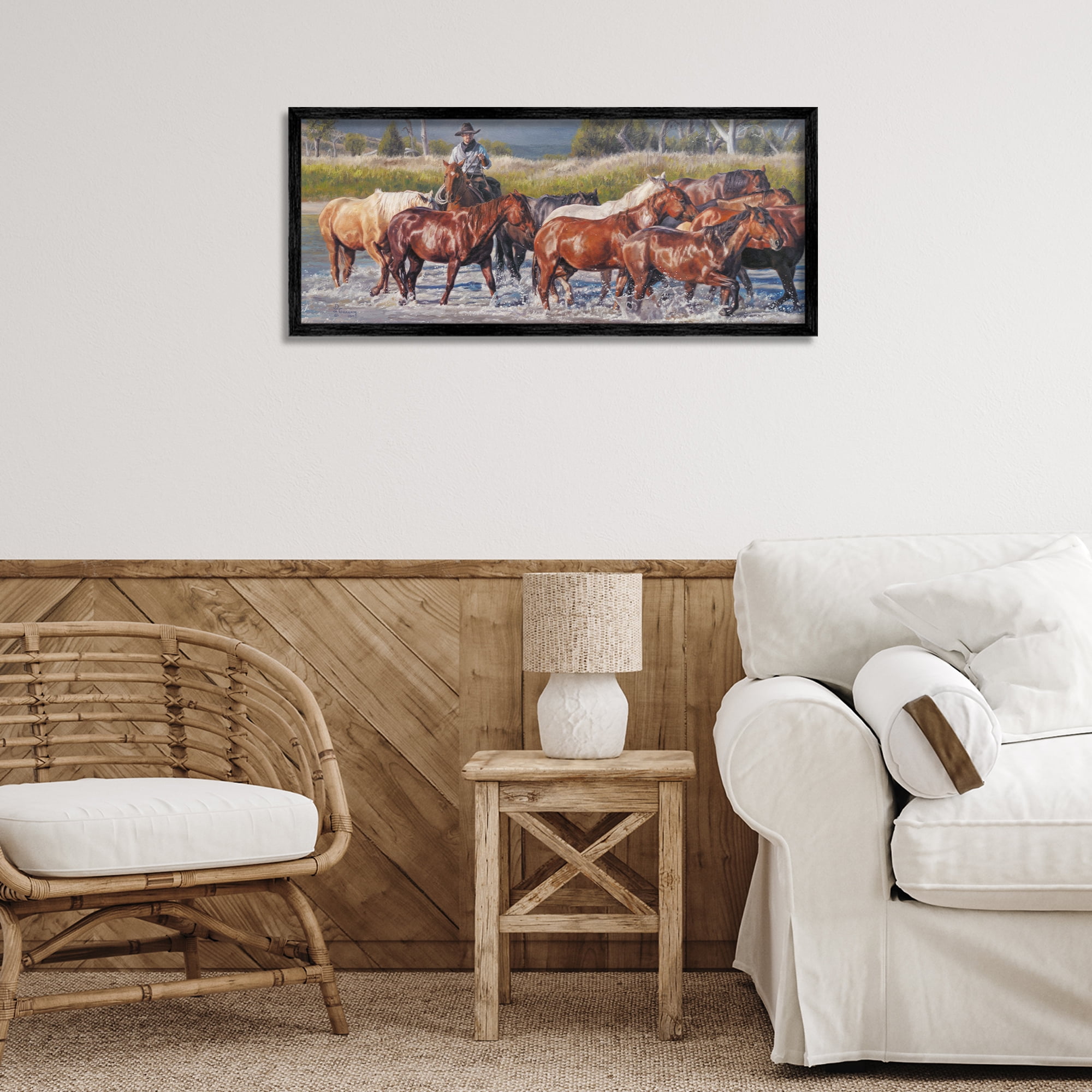 Stupell Industries Crossing The Remuda Animals & Insects Painting Black Framed Art Print Wall Art, 30 x 13