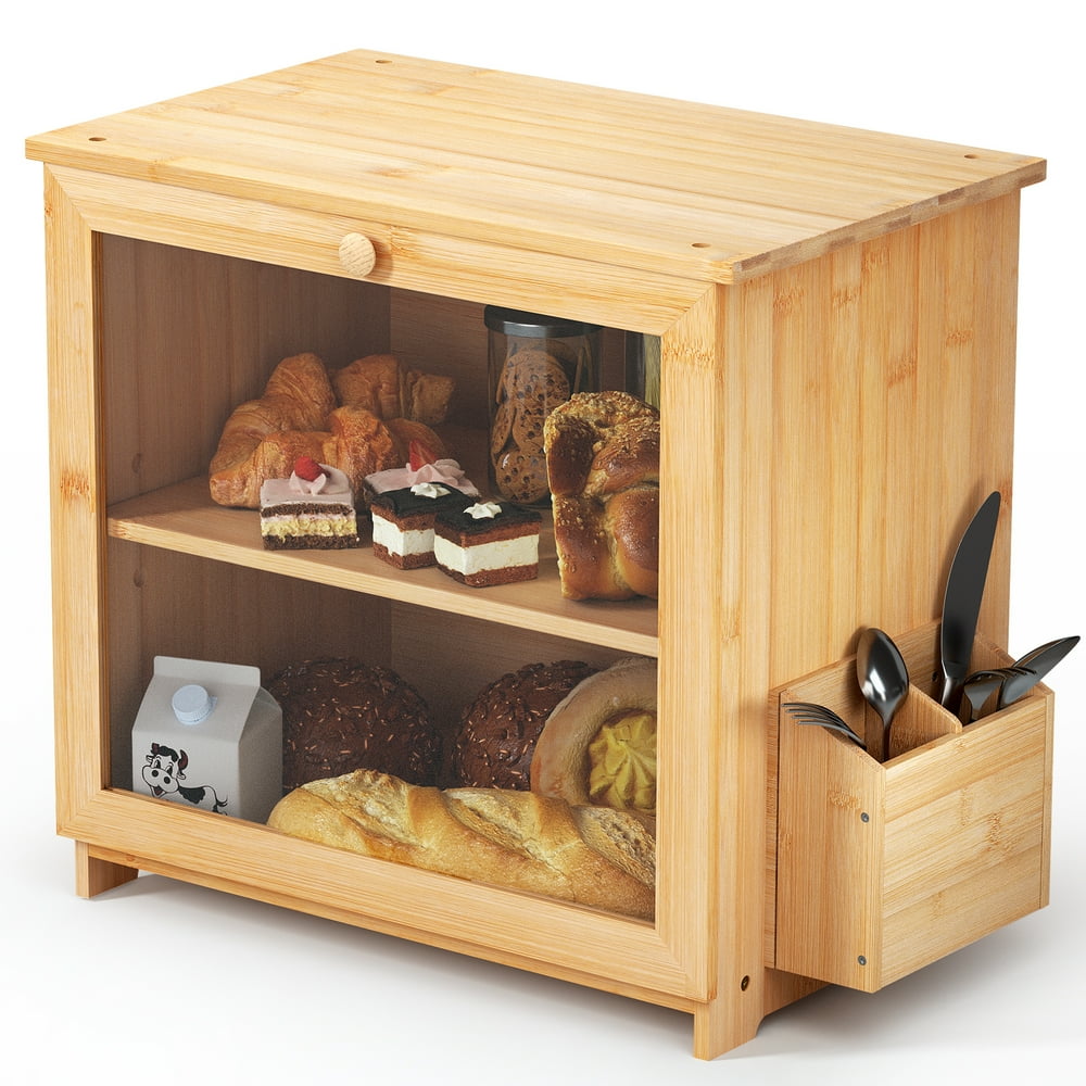 Ollieroo Bamboo Bread Box 2 Layer Kitchen Countertop Bread Bin Cake Box Extra Bread Knives Fork