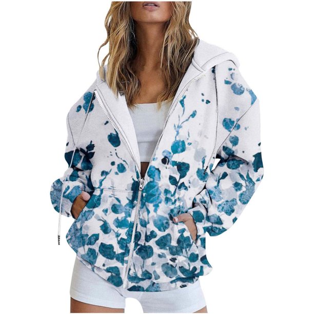 ICHUANYI Clearance Women's Fashion Casual Halloween Print Zip Hood Long Sleeve Pocket Jacket Top(Blue, S) ICHUANYI WER2023080907753