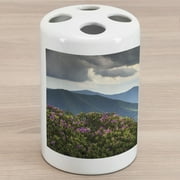 Appalachian Ceramic Toothbrush Holder, Blue Ridge Mountain Peaks and Spring Azalea Flowers Blooming with Fluffy Clouds, Decorative Versatile Countertop for Bathroom, 4.5" X 2.7", Multicolor