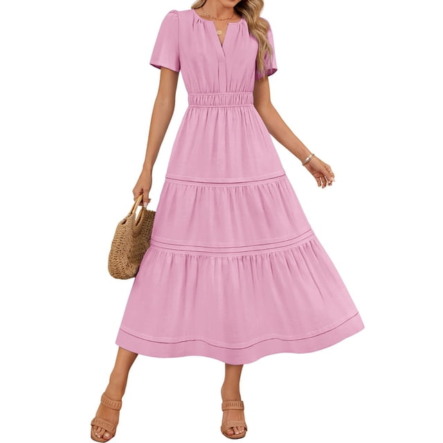 Meichang Robes Midi d'Été pour Femmes Manches Courtes Col en V Fendu Taille Plissée Robe Ligne A Décontractée Robe Longue à Volants Robe d'Invité de Mariage