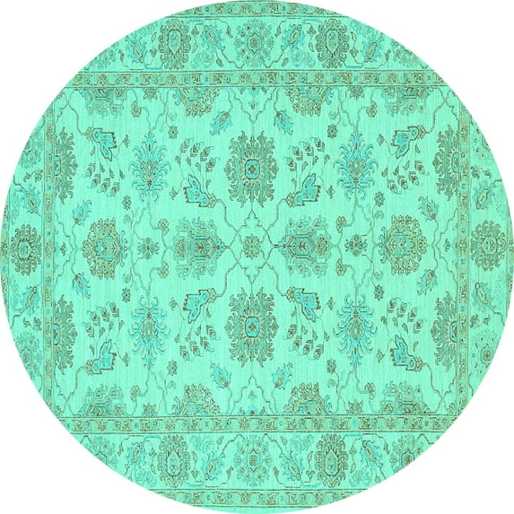 Ahgly Company Machine Washable Indoor Round Oriental Turquoise Blue Traditional Area Rugs, 6' Round