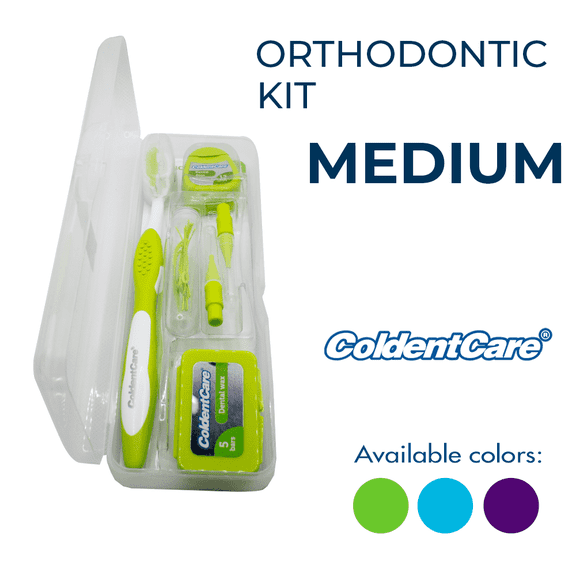 ColdentCare Orthodontic Oral Care Kit for Cleaning Brackets Braces, Includes Toothbrush and Cap, Travel Toothbrush, Dental Floss 12m, Dental Wax, Floss threaders Case - Green