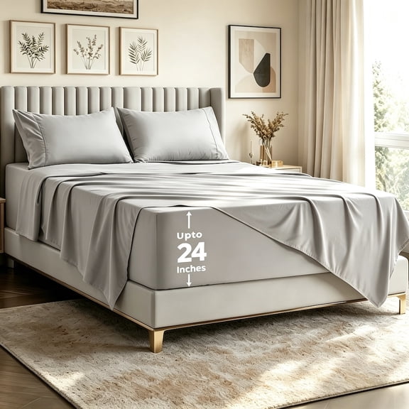 3/4 Pieces Cooling Bedding Set, Light Gray Twin, Ultra Soft Breathable Sheets, 18"-24" Deep Pocket Fitted Sheet, Wrinkle & Shrink Resistant