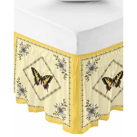 Vintage Butterfly Bed Skirt Queen Size 18 Inch Drop, Wrap Around Bed Skirts, Floral Botanical Retro Art Elastic Bedskirt Pleated Bed Frame Cover Luxurious Dust Ruffle for Queen Bed
