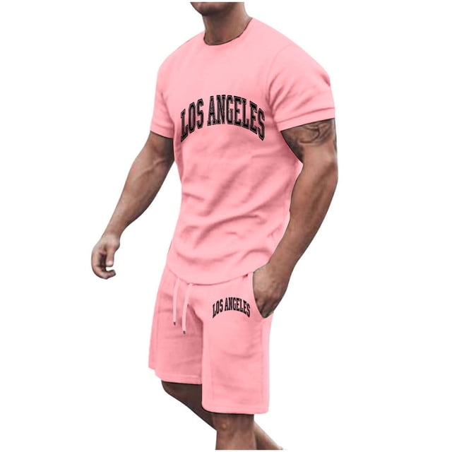 Conjunto de Sudadores de Hombres Impresión Casual Deportes de Manga Corta Cuello Redondo, Traje de Deporte de 2 Piezas con Pantalones de Corredores de Cintura Elástica