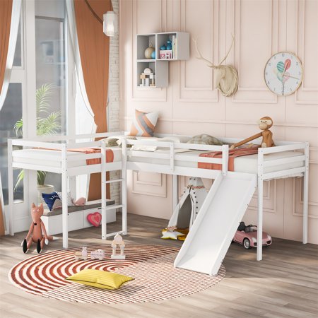 ARCTICSCORPION Twin Size Loft Bed with Ladder and Slide  L-shaped Bed Frame with Full-length Guardrails  Wooden Low Loft Bed for Kids Teens Boys and Girls  No Spring Box Needed  White