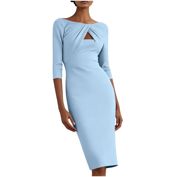 Elegant 3/4 Sleeve Wear to Work Dresses for Women Cutout Front Sheath Ruched Business Office Pencil Midi Dress