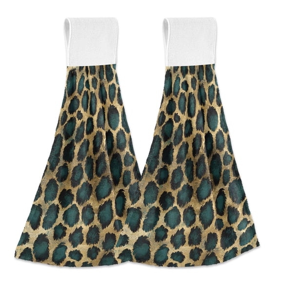 Yayeee Kitchen Hanging Hand Towels Set of 2 with Loop Bathroom Absorbent Tie Towel, Green Leopard Pattern