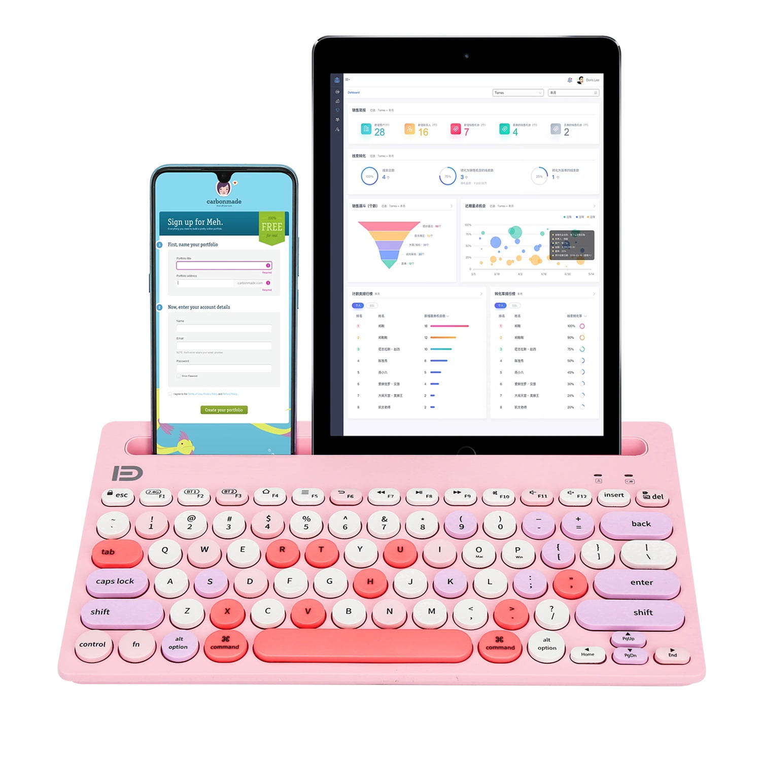 Wireless Keyboard Multi-Device, Bluetooth and 2.4G Dual Mode, Switch to 3 Devices for Cellphone, Tablet, PC, Smart TV, iOS Android Windows, Pink