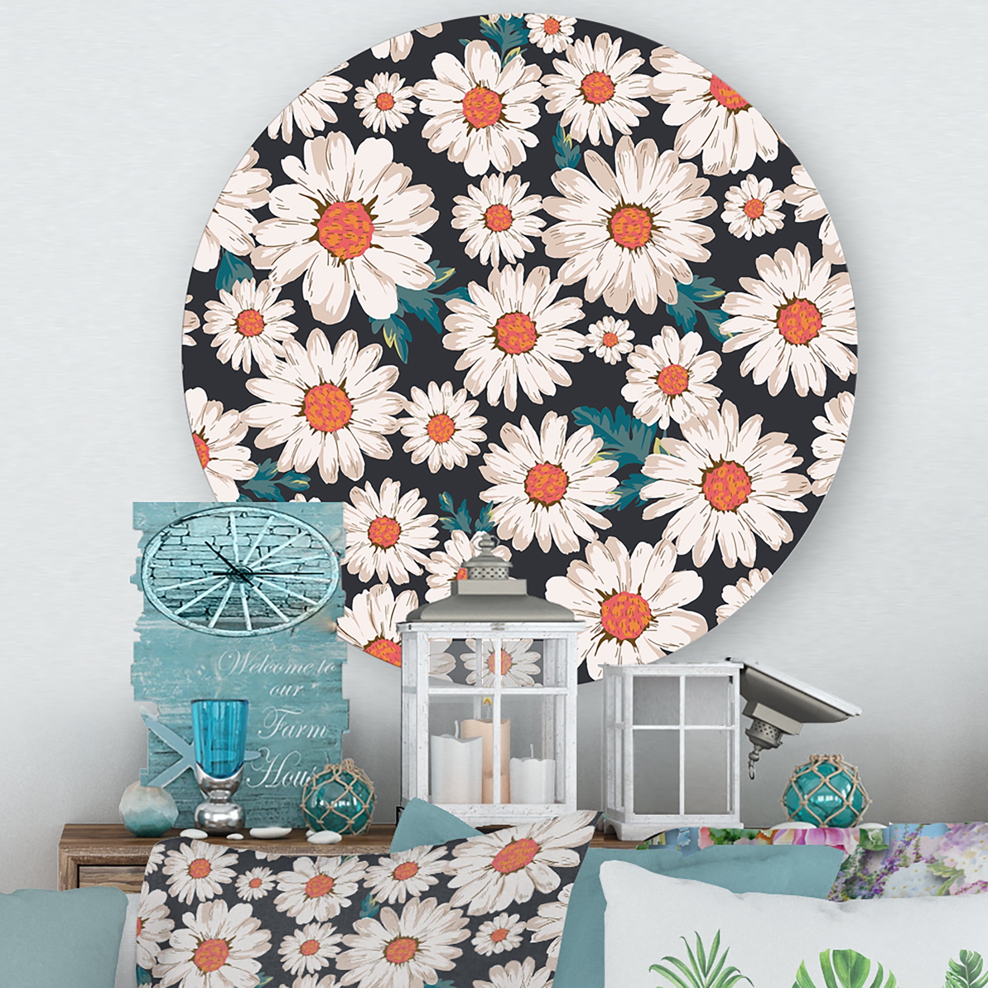 Designart 'Prolific of White Daisy Flowers' Traditional Circle Metal Wall Art 11x11 - Disc of 11