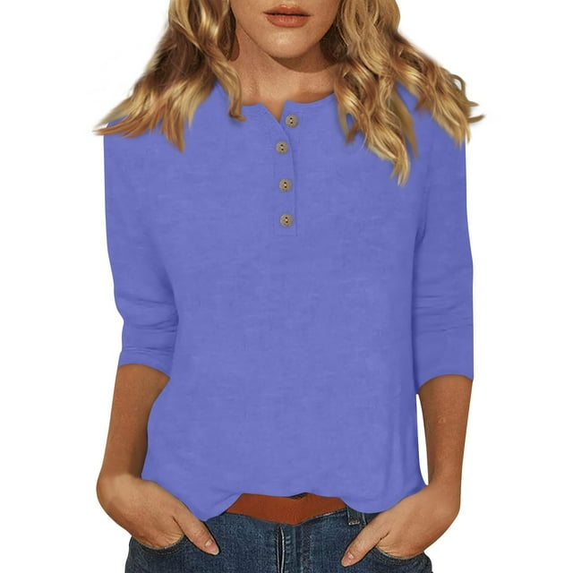 DENGDENG Plus Size Tops for Women 3/4 Sleeve Elbow Sleeve Summer Basic Tees Button Down Round Neck Casual Shirts Cute Three Quarter Length Blouse Solid Color Fashion 2025 Tunic Tops Purple 3XL