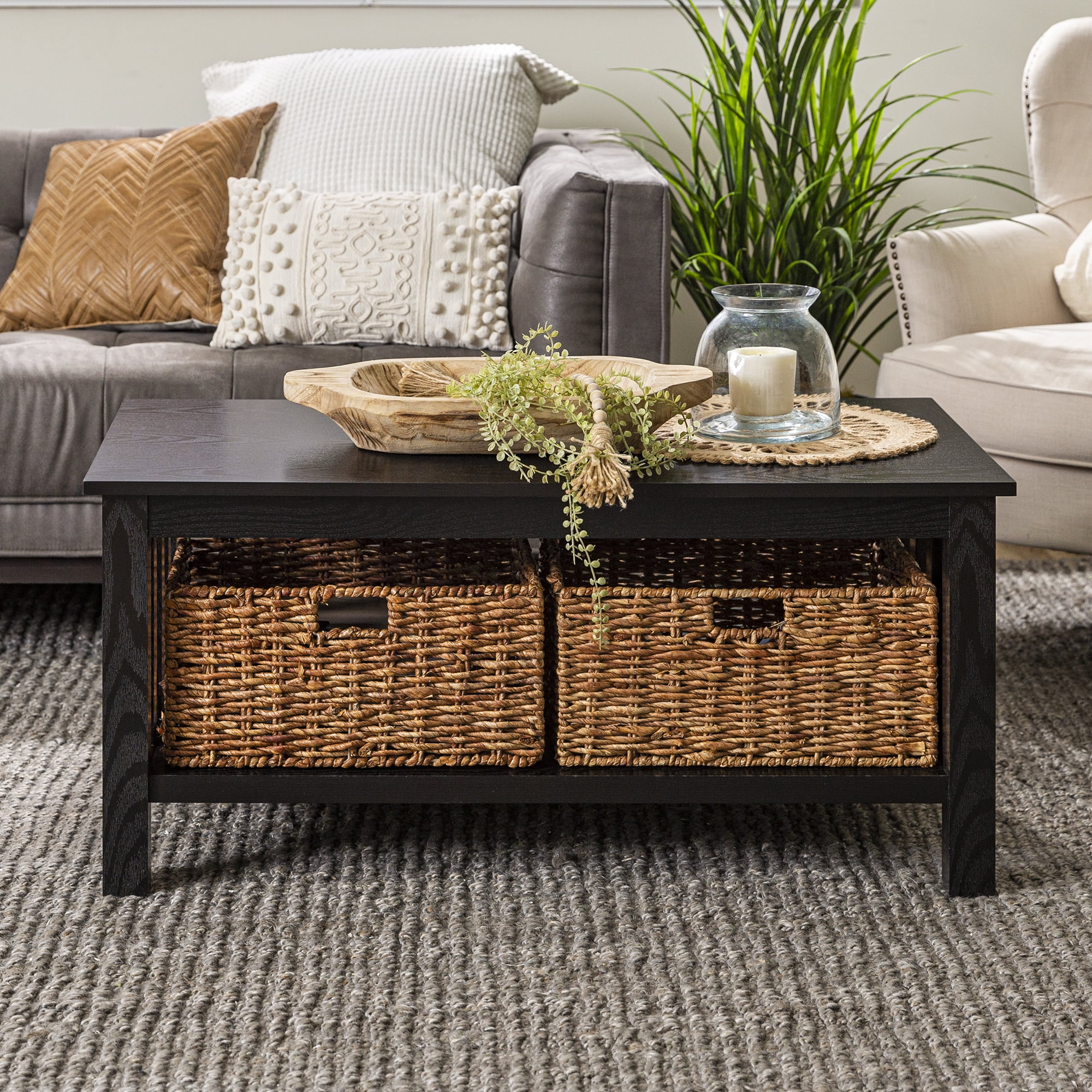 Woven Paths Traditional Storage Coffee Table with Bins, Black