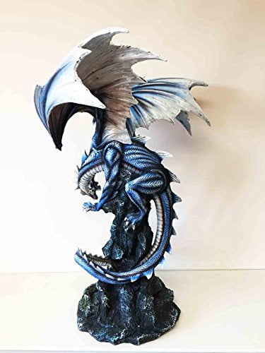 Large 23/" Tall Blue Zirconia Rogue Storm Dragon Hovering Over Cliff Rock Wate...