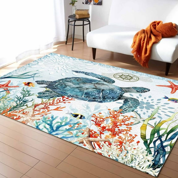 Area Rugs Indoor Non-Slip Rectangle Rug 5x7 Ft Coastal Turtle Rug Rubber Backing Floor Mats Non Shedding Home Decor Carpet for Entryway Living Room