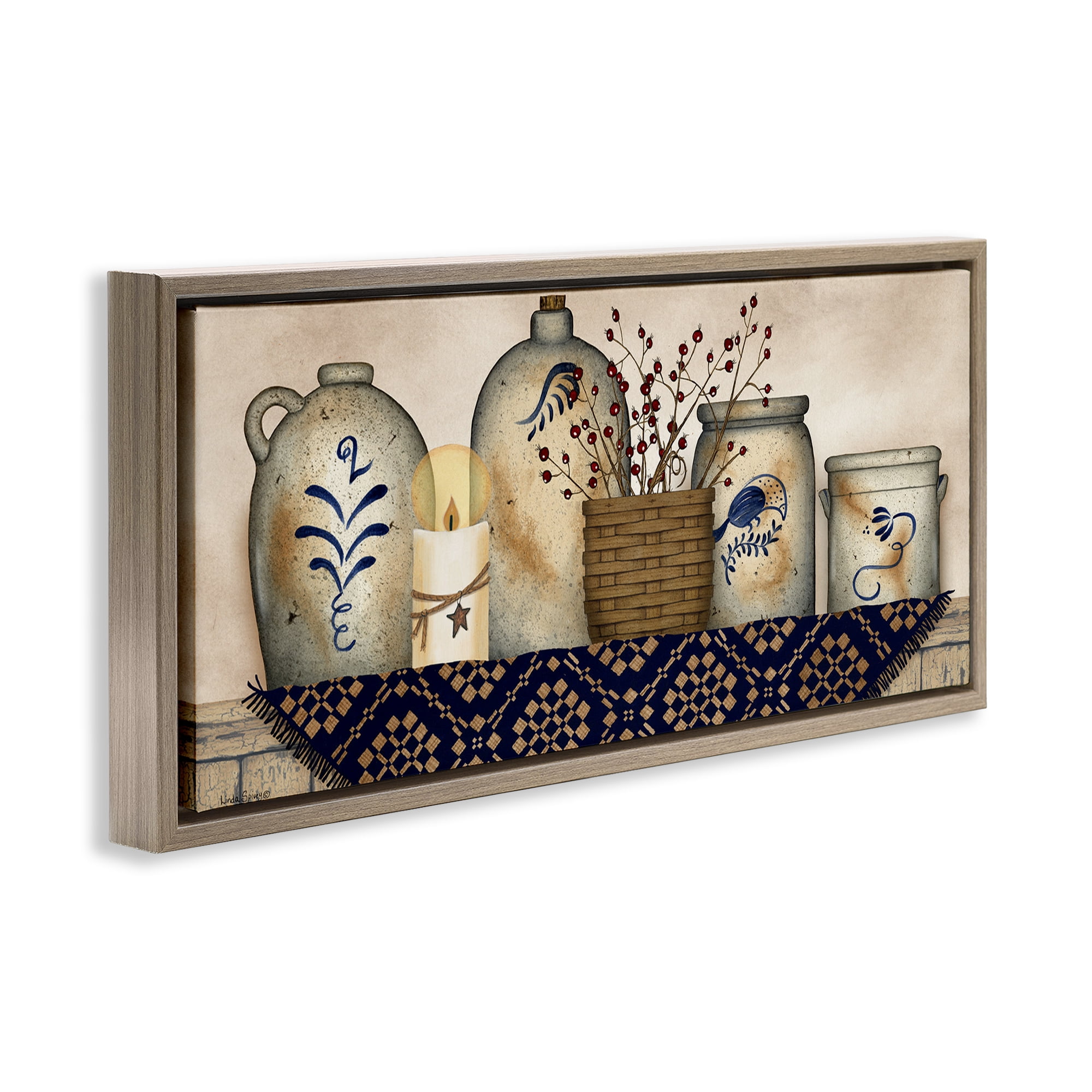 Stupell Industries Rustic Kitchen Jars Botanical & Floral Painting Brown Floater Framed Canvas Art Print Wall Art, 31 x 14