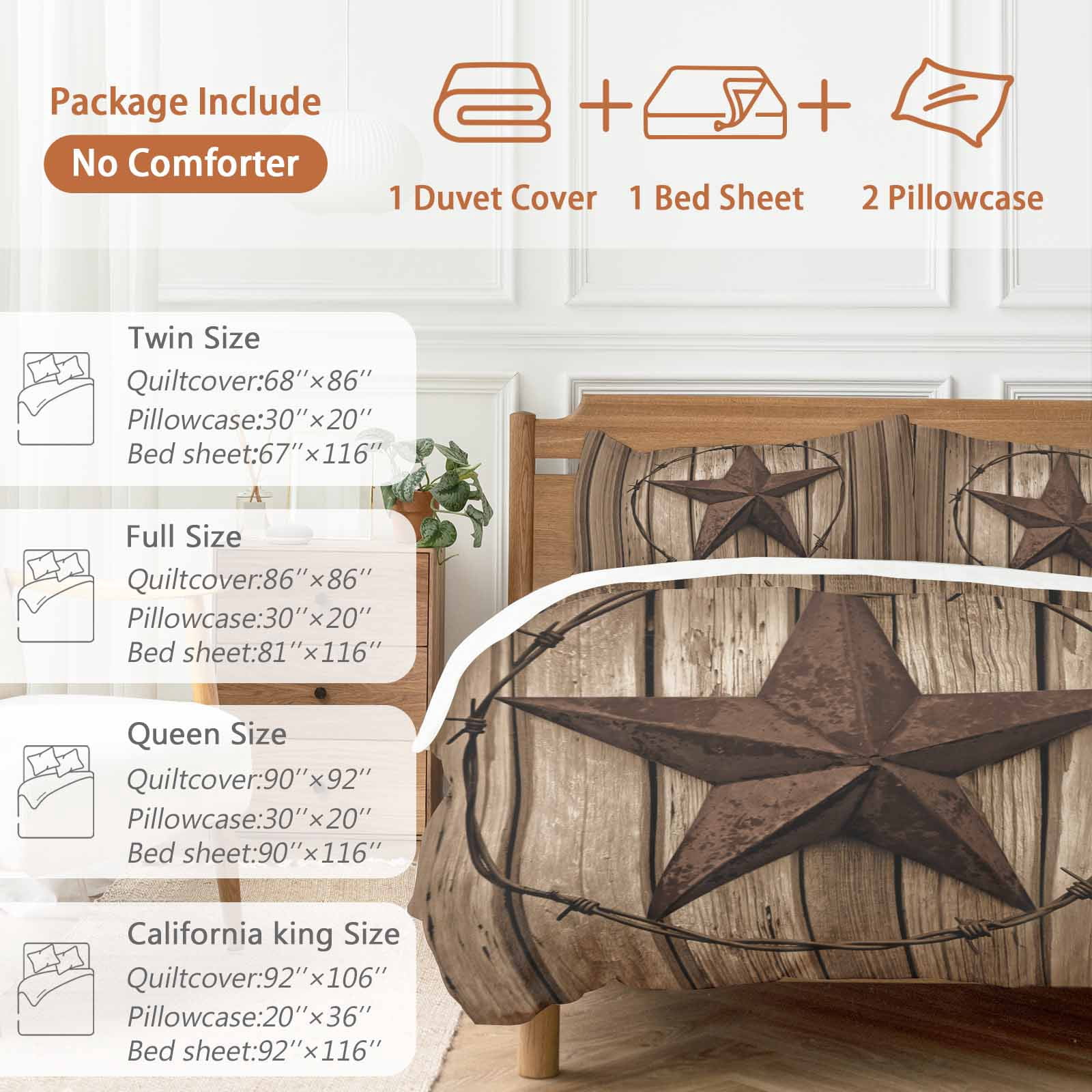 Vintage Texas Star Bedding Duvet Cover Set King Size 4 Pieces Brown Wood Grain Wire Soft Twill Plush Quilt Cover, Include 1 Duvet Cover 1 Flat Sheet And 2 Pillow