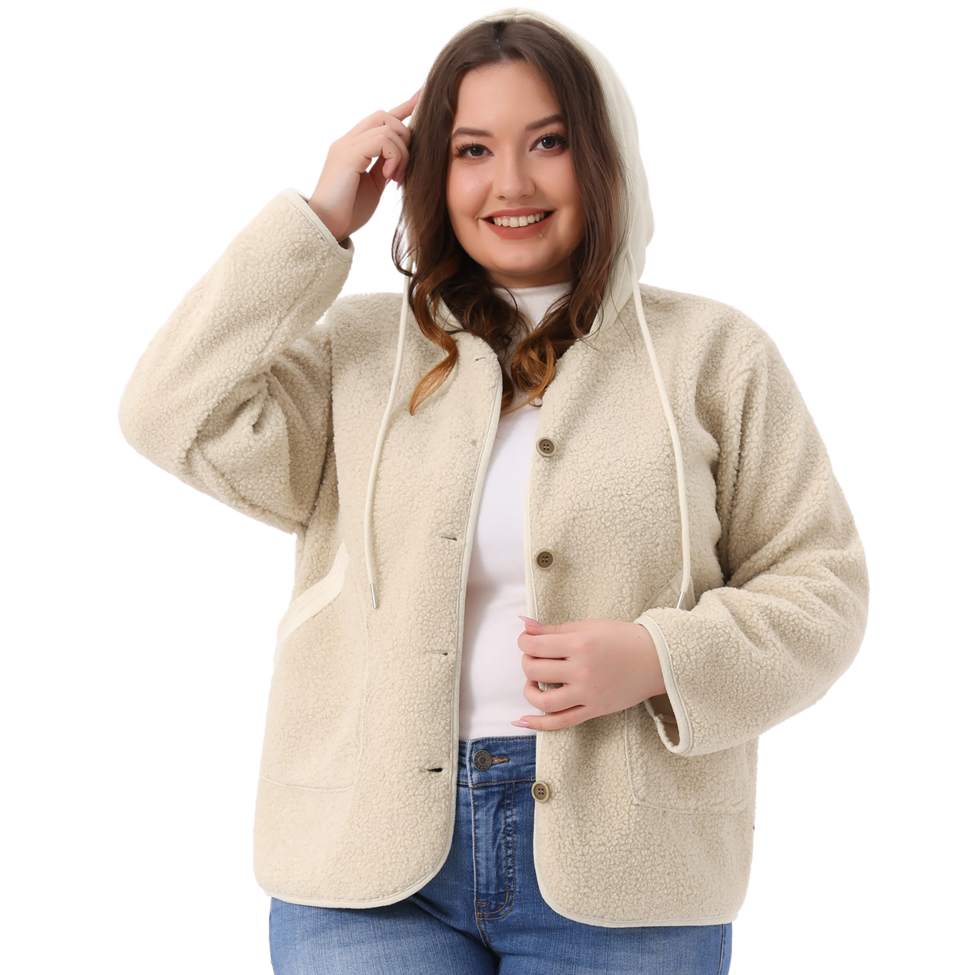 DARING DIVA Plus Size Hooded Fleece Pockets Button Closure Jacket 2X Beige