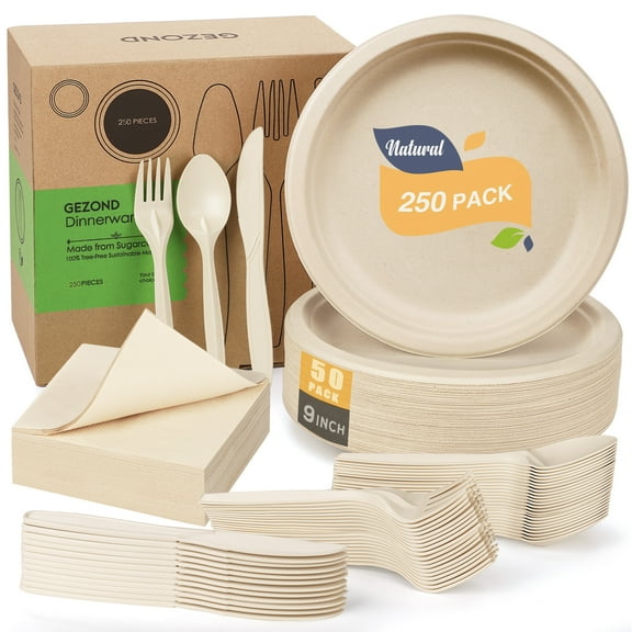 250pcs Disposable Paper Plates Set, Compostable Party Supplies, Biodegradable Dinnerware Include Paper Plates, Cocktail Napkins, Utensils for Party, Picnic, 50 Each