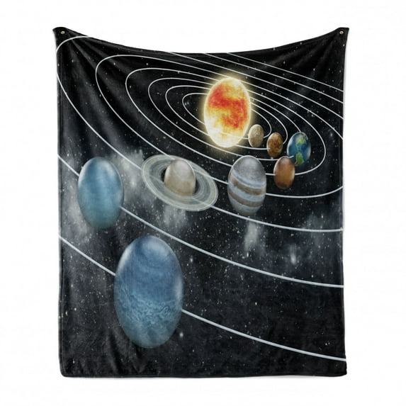 Galaxy Soft Flannel Fleece Throw Blanket, Solar System All 8 Planets and the Sun Pluto Jupiter Mars Venus Science Fiction, Cozy Plush for Indoor and Outdoor Use, 60" x 80", Black Grey, by Ambesonne