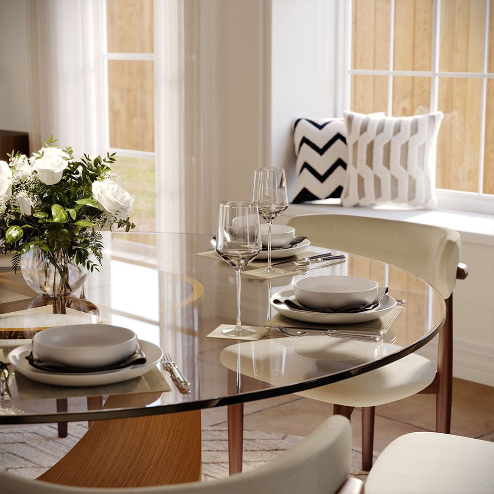 51"Modern Round Glass Dining Table for 4, Clear Glass Table for Kitchen, Bronze Carbon Steel Pedestal
